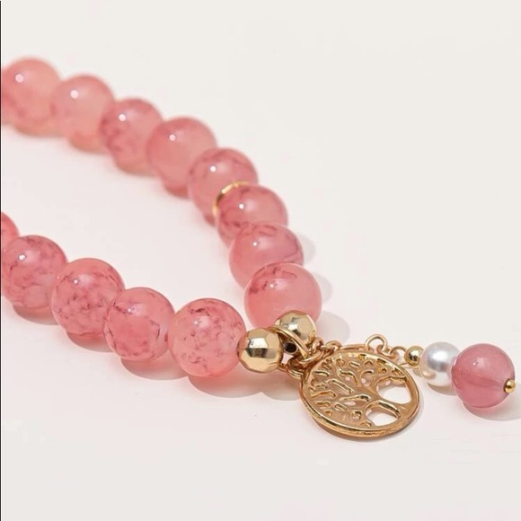 Pink Tree Charm Beaded Bracelet Stretch - Picture 3 of 6